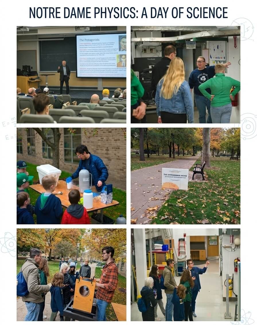 Collage of 6 images showing interactive science demonstrations and tours of the Nuclear Science Lab